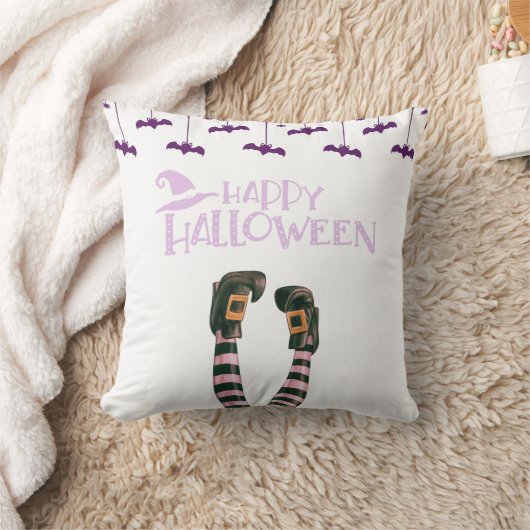 ハッピーハローウィンこうもりウィッチソックスホワイトハロウィーン クッション (ブランケット)