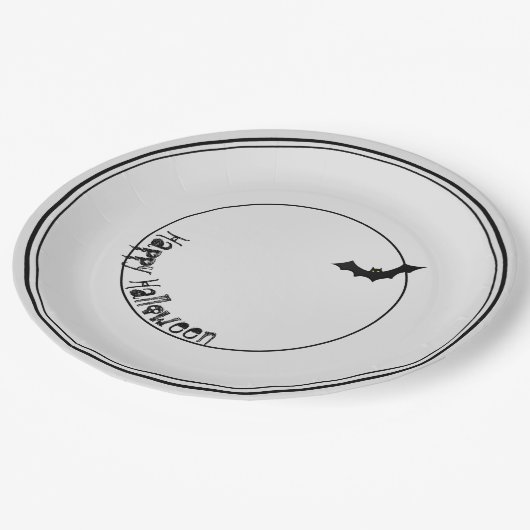 ハッピーハローウィンこうもりシルエットブラック/ホワイト ペーパープレート (アングル)