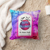 ハッピーハローウィンこうもりスパイダーファミリー名カラフル クッション (ブランケット)