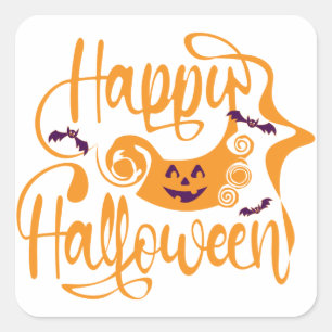 ハッピーハローウィンこうもりハロウィーンのカボチャのちょうちん スクエアシール