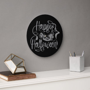 ハッピーハローウィンこうもりハロウィーンのカボチャのちょうちん ラージ壁時計