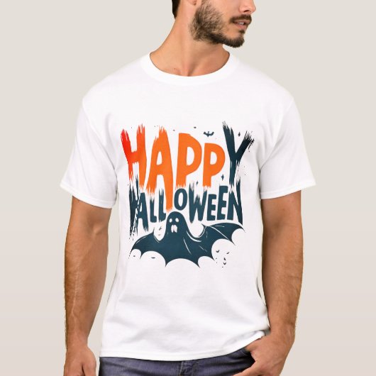 ハッピーハローウィンこうもり幽霊グラフィック怖不気味い Tシャツ (正面)