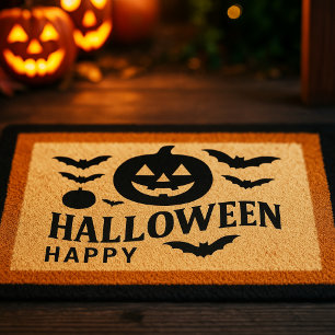 ハッピーハローウィンとカボチャと飛んでいるこうもり ドアマット