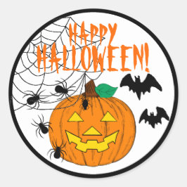 ハッピーハローウィンとカボチャのクモとこうもり ラウンドシール