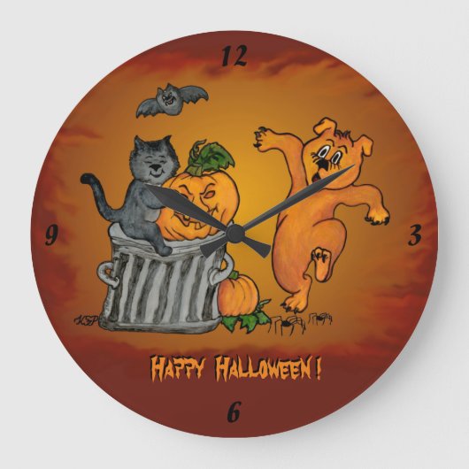 ハッピーハローウィンと猫こうもり犬とクモ ラージ壁時計 (正面)