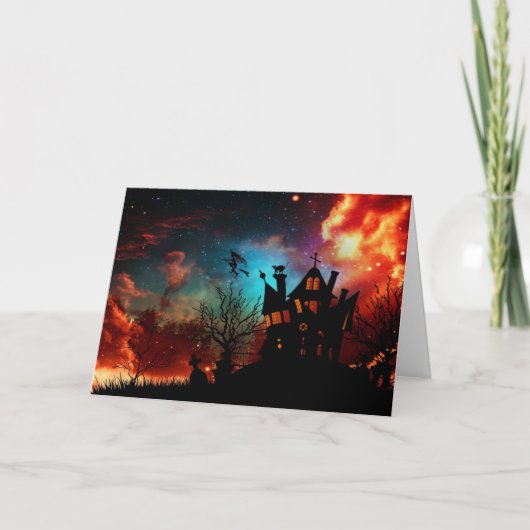 ハッピーハローウィンのお化け屋敷および魔法使い カード (正面)