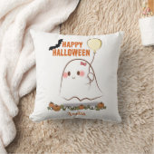 ハッピーハローウィンのかわいい幽霊でバルーン名を掲げている クッション (ブランケット)