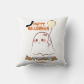 ハッピーハローウィンのかわいい幽霊でバルーン名を掲げている クッション (裏面)