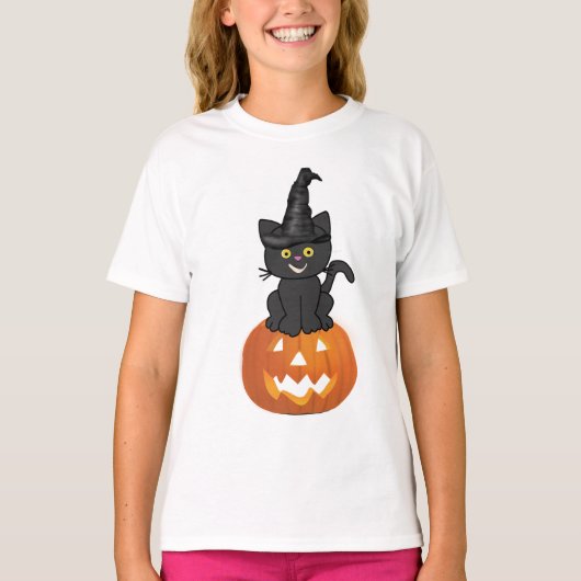 ハッピーハローウィンのかわいい猫とカボチャ Tシャツ (正面)