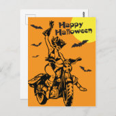ハッピーハローウィンのキャットコスチューム姿のオートバイの女性 ポストカード (正面/裏面)