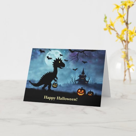 ハッピーハローウィンのトリックまたは可愛い恐竜の治療 カード (黄色い花)
