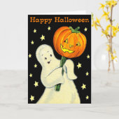 ハッピーハローウィンのヴィンテージの幽霊およびカボチャカード カード (黄色い花)