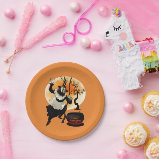 ハッピーハローウィンのヴィンテージの魔法使いおよび大がま ペーパープレート (パーティー)