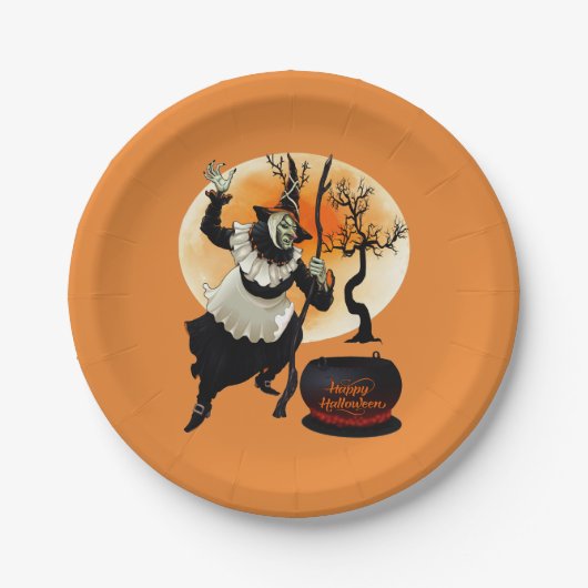 ハッピーハローウィンのヴィンテージの魔法使いおよび大がま ペーパープレート (正面)