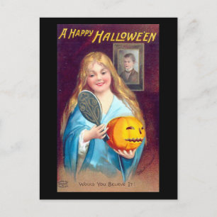 ハッピーハローウィンの女の子が髪の毛を磨くヴィンテージ ポストカード