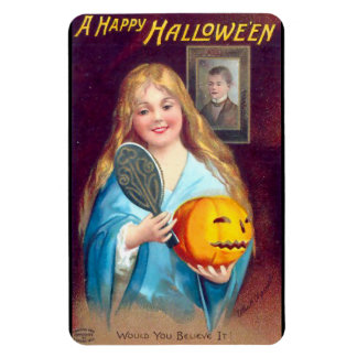 ハッピーハローウィンの女の子が髪の毛を磨くヴィンテージ マグネット