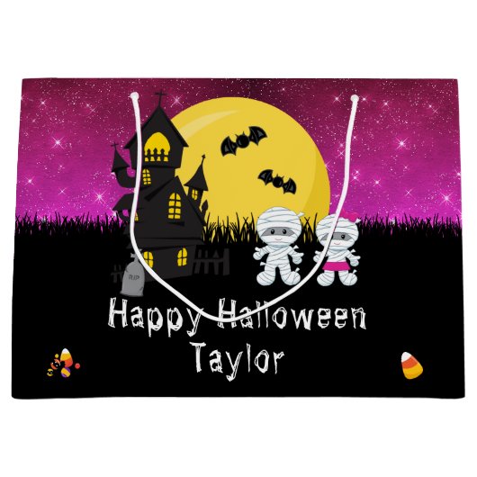 ハッピーハローウィンの衣装パーティーミイムピンク ラージペーパーバッグ (正面)