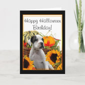 ハッピーハローウィンの誕生日のボクサーの子犬の挨拶状 カード (正面)