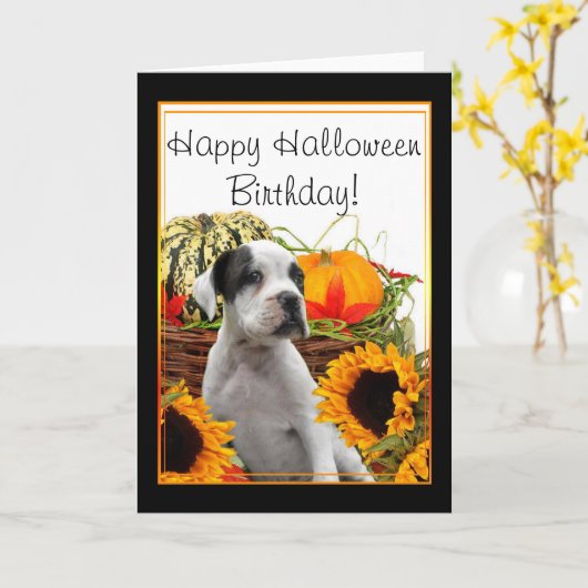 ハッピーハローウィンの誕生日のボクサーの子犬の挨拶状 カード (黄色い花)