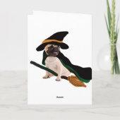 ハッピーハローウィンの飛んでいるなほうきの魔法使いのパグ カード (裏面)