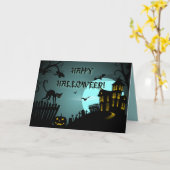 ハッピーハローウィンの黒猫のお化け屋敷の青 カード (黄色い花)