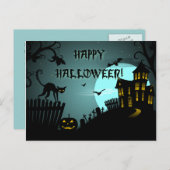 ハッピーハローウィンの黒猫のお化け屋敷の青 ポストカード (正面/裏面)