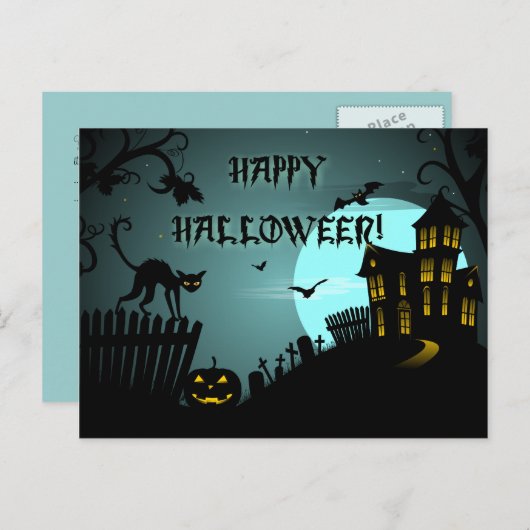 ハッピーハローウィンの黒猫のお化け屋敷の青 ポストカード (正面/裏面)