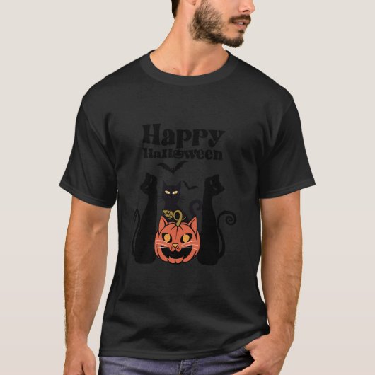 ハッピーハローウィンアトミックキャッツカボチャ子猫こうもりT S Tシャツ (正面)