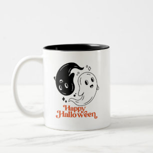 ハッピーハローウィンインとヤンブラックアンドホワイト幽霊 ツートーンマグカップ