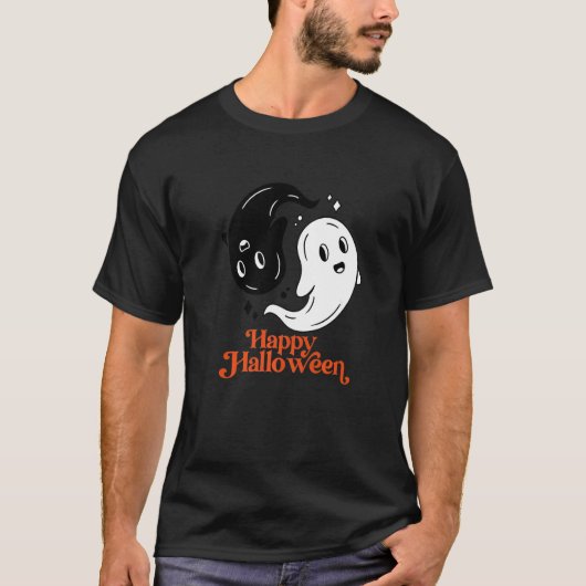 ハッピーハローウィンインとヤンブラックアンドホワイト幽霊 Tシャツ (正面)
