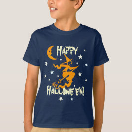 ハッピーハローウィンウィッチオンブルームスターズオレンジムーン Tシャツ