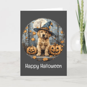 ハッピーハローウィンウィッチゴールデンレトリエバードッグパンプキン カード