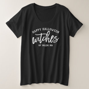 ハッピーハローウィンウィッチスモダンホワイトスクリプトウォンズ プラスサイズTシャツ