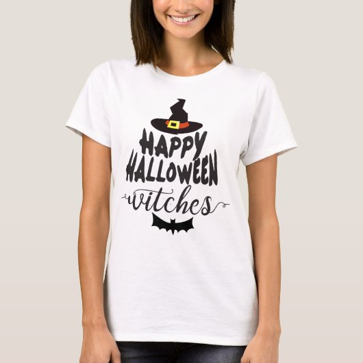ハッピーハローウィンウィッチタイポグラフィハロウィーン Tシャツ (正面)