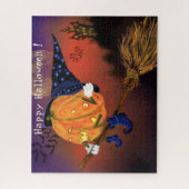 ハッピーハローウィンウィッチパンプキ飛んでいるンと箒 ジグソーパズル (縦)