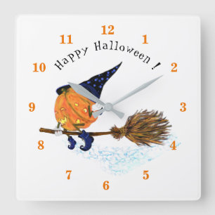 ハッピーハローウィンウィッチパンプキ飛んでいるンブルームおもしろい- スクエア壁時計