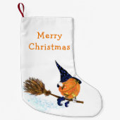 ハッピーハローウィンウィッチパンプキ飛んでいるンブルームおもしろい- スモールクリスマスストッキング (正面)