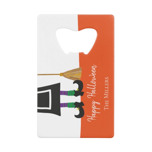 ハッピーハローウィンウィッチレッグ&ブロムパーソナライズされた クレジットカード栓抜き (正面)