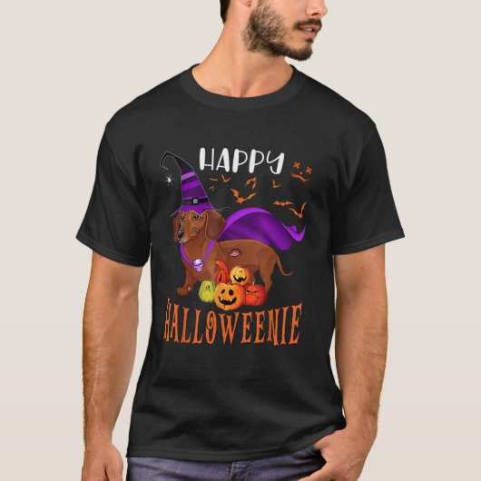 ハッピーハローウィンウインナソーセージダッシュンドドッグウィッチホラーP Tシャツ (正面)