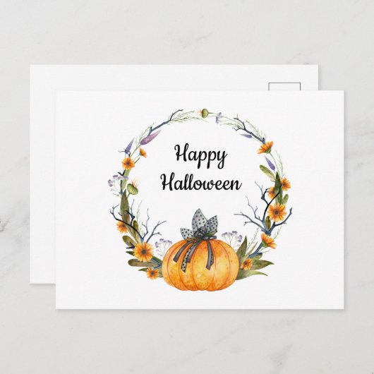 ハッピーハローウィンウォーターカラーパンプキンリース ポストカード (正面/裏面)
