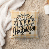 ハッピーハローウィンオレンジとホワイトプレイドハロウィーン クッション (ブランケット)