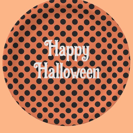 ハッピーハローウィンオレンジと黒ドットの子供パーティー ペーパープレート