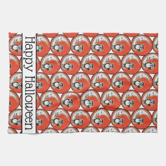 ハッピーハローウィンオレンジオクルムーンお洒落ヴィンテージ キッチンタオル (横)