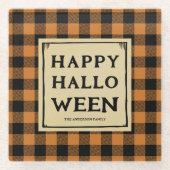 ハッピーハローウィンオレンジチェック装飾用クッション ガラスコースター (正面)