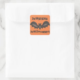 ハッピーハローウィンオレンジブラックこうもりトリックオアトリート スクエアシール