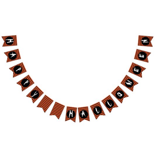 ハッピーハローウィンオレンジブラックストライプのおもしろいフォント バンティングフラッグ (全)