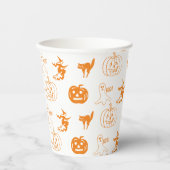 ハッピーハローウィンオレンジ色の白い不気味な模様 紙コップ (正面)