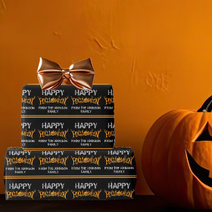 ハッピーハローウィンカスタムブラックオレンジパーティー ラッピングペーパー