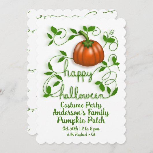 ハッピーハローウィンカボチャつる植物衣装パーティー 招待状 (正面/裏面)