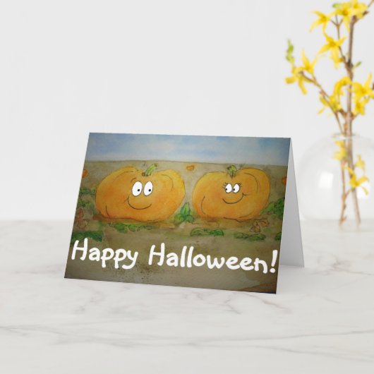 ハッピーハローウィンカボチャの友人カップルかわいいカード カード (黄色い花)